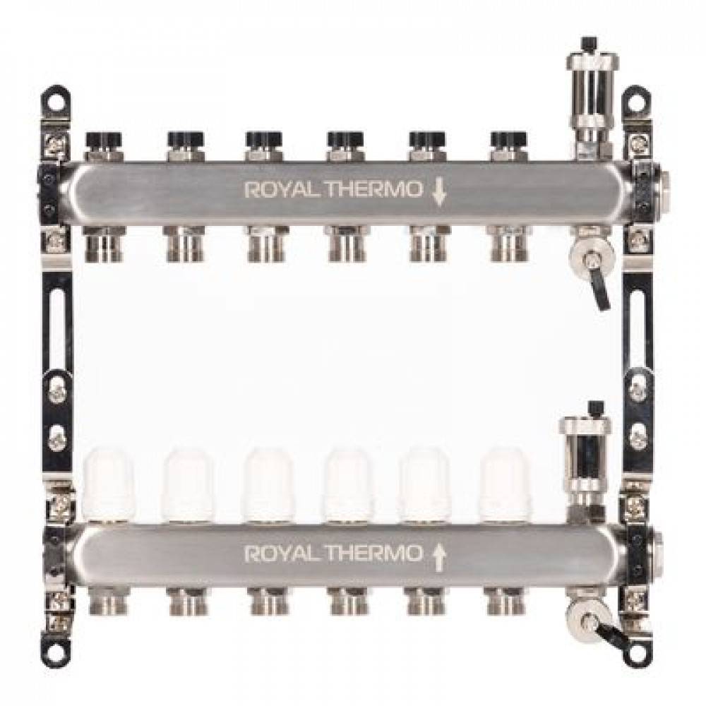 Коллектор Royal Thermo нерж. в сборе универсальный 1quot; ВР-3/4quot; НР с автомат. воздухоотвод-ми 6 вых.