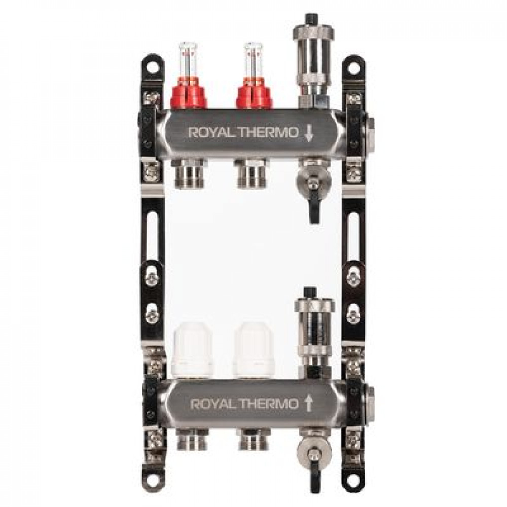 Коллектор Royal Thermo нерж. в сборе с расходомерами 1quot; ВР-3/4quot; НР с автомат. воздухоотвод-ми 2 вых.