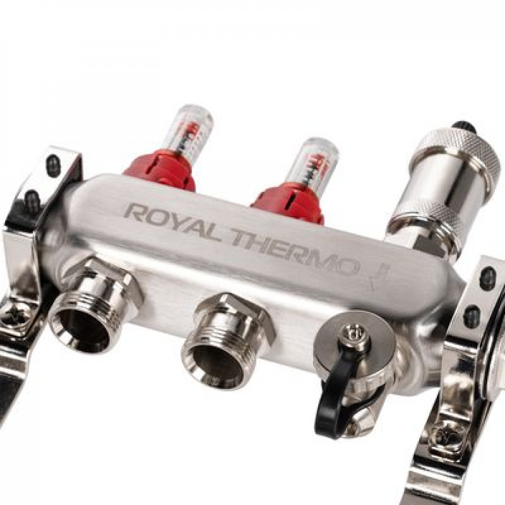 Коллектор Royal Thermo нерж. в сборе с расходомерами 1quot; ВР-3/4quot; НР с автомат. воздухоотвод-ми 2 вых.