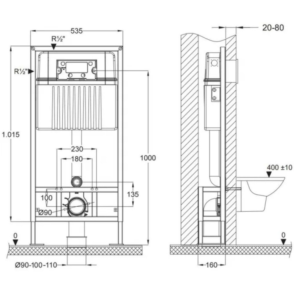 Инсталляция для унитаза BETTOSERB sava free standing, клавиша смыва хром матовый круг.