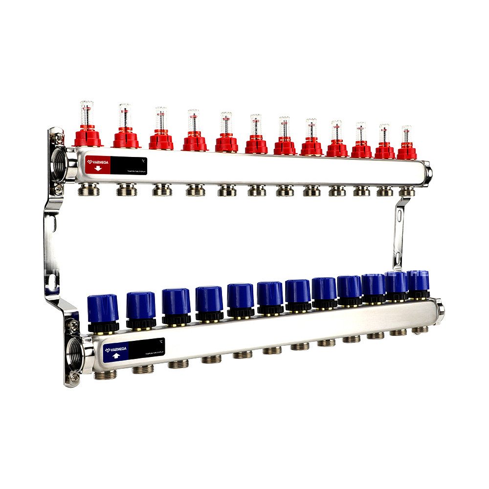Группа коллекторная с расх. VARMEGA VM15112 ВР 1", под 130 насос, на 12 конт. 3/4" EK, нерж. сталь
