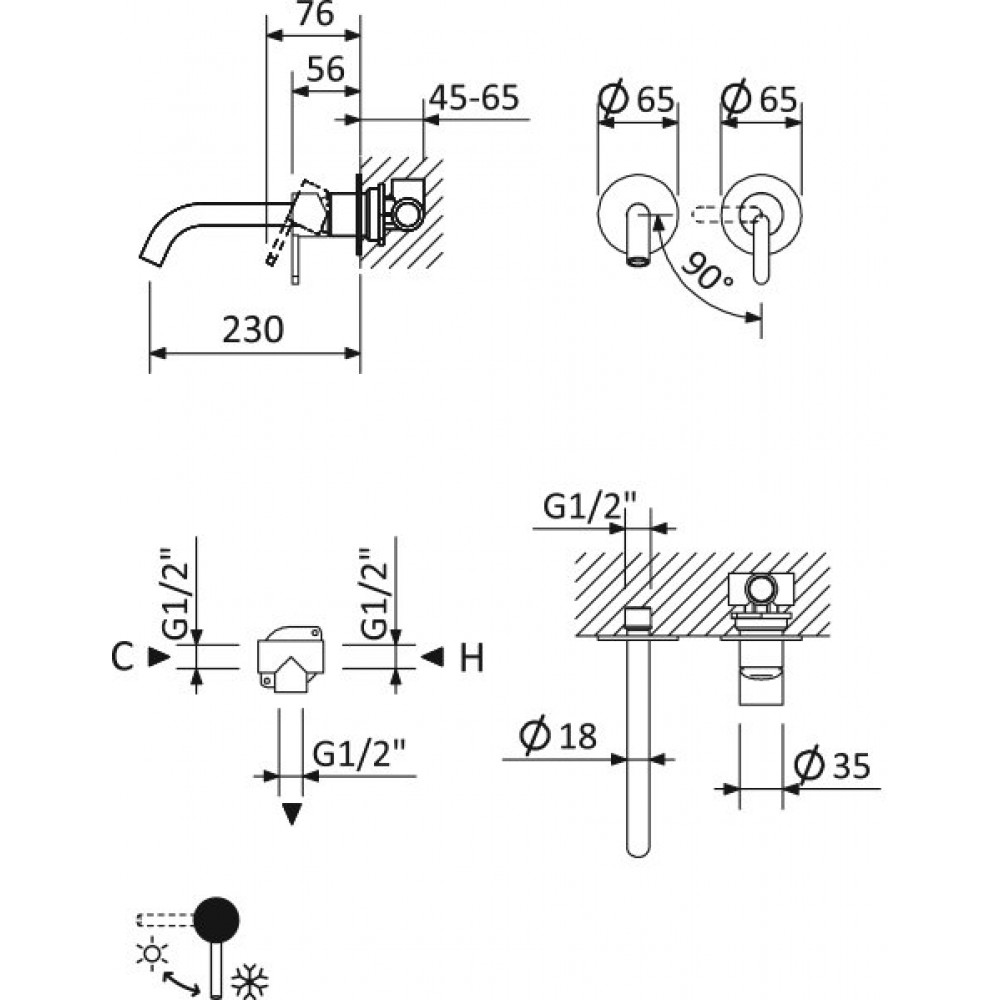 Встраиваемый смеситель для раковины CEZARES LEAF-BLI2-L