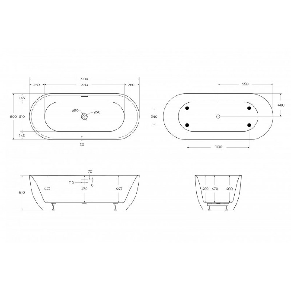 Ванна акриловая отдельностоящая BelBagno BB417-1900-800