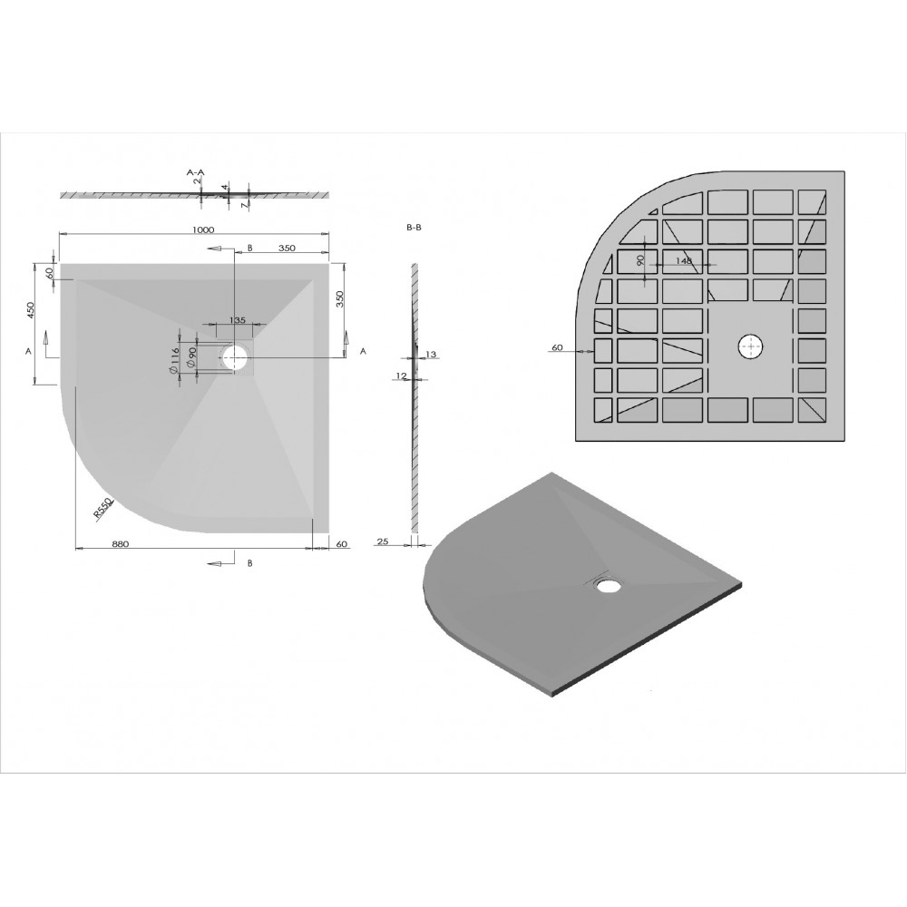 Поддон для душа из искусственного камня  VST-4SQ1010W, 1000*1000*25, белый матовый