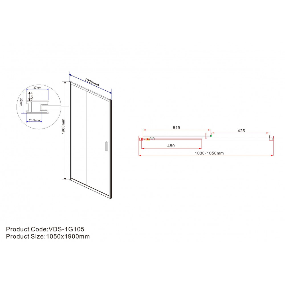 Душевая дверь Garda VDS-1G105CLB, 1050, черный, стекло прозрачное