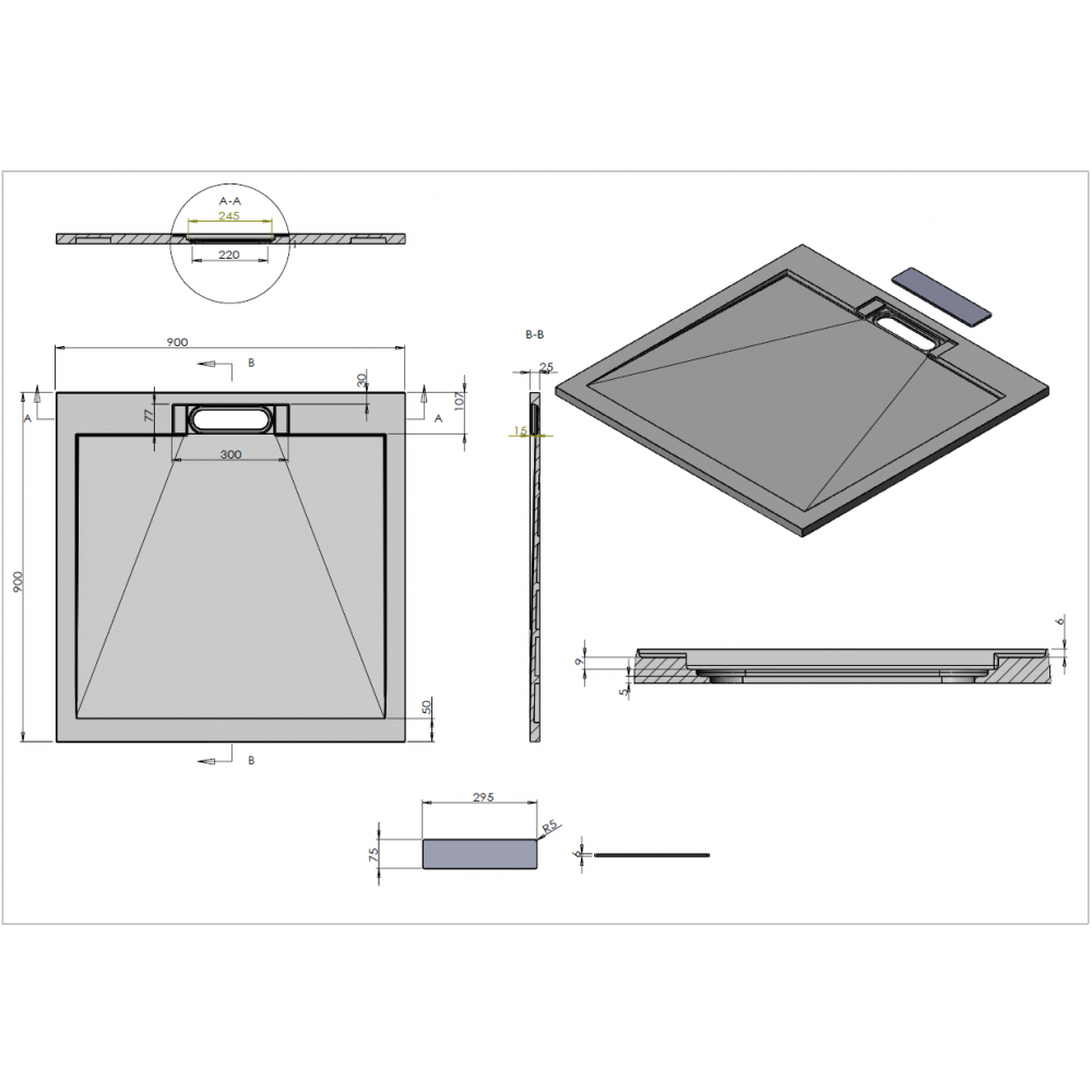 Поддон для душа из искусственного камня VST-4SRL9090W, 900*900*25, белый матовый