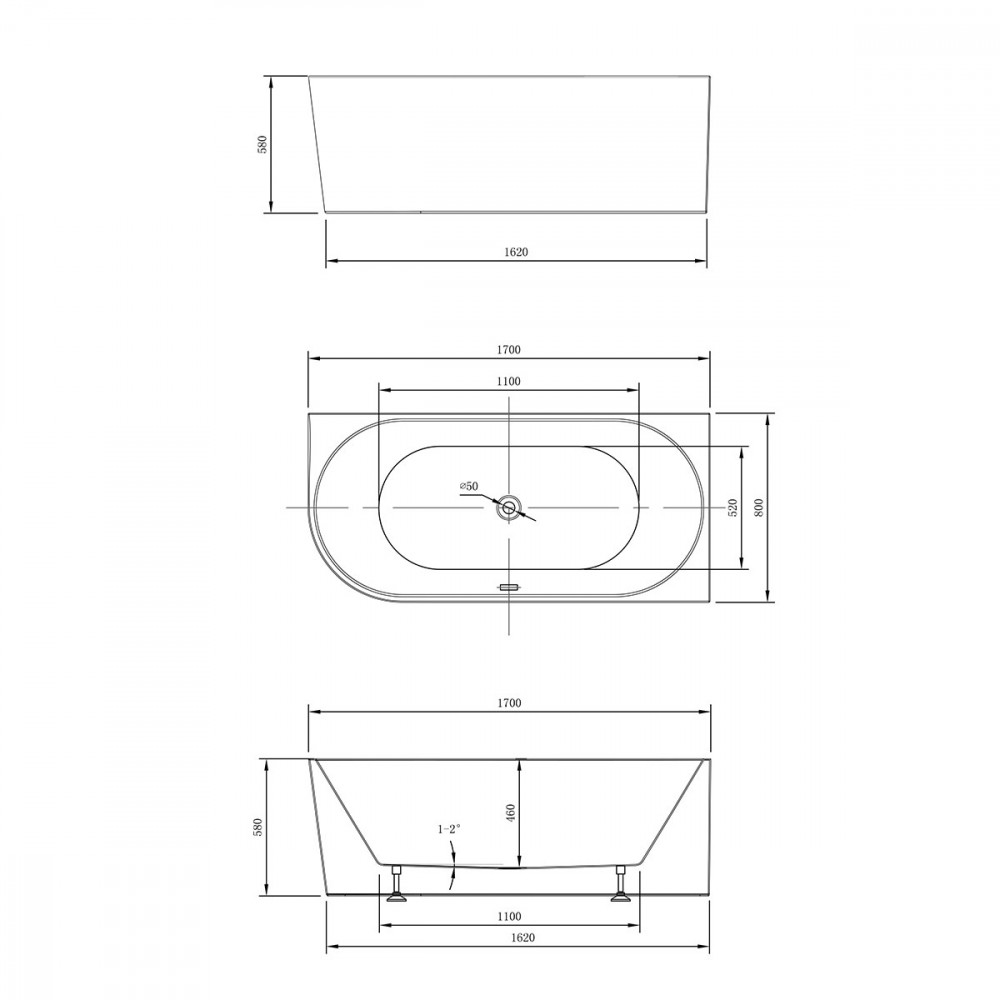 Ванна акриловая Vincea VBT-402-1700R, 1700*800*580, цвет белый, правая, слив-перелив в комплекте