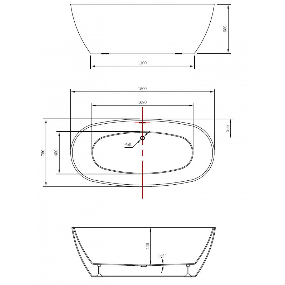 Ванна акриловая Vincea VBT-405-1500, 1500*750*580, цвет белый, щелевой перелив