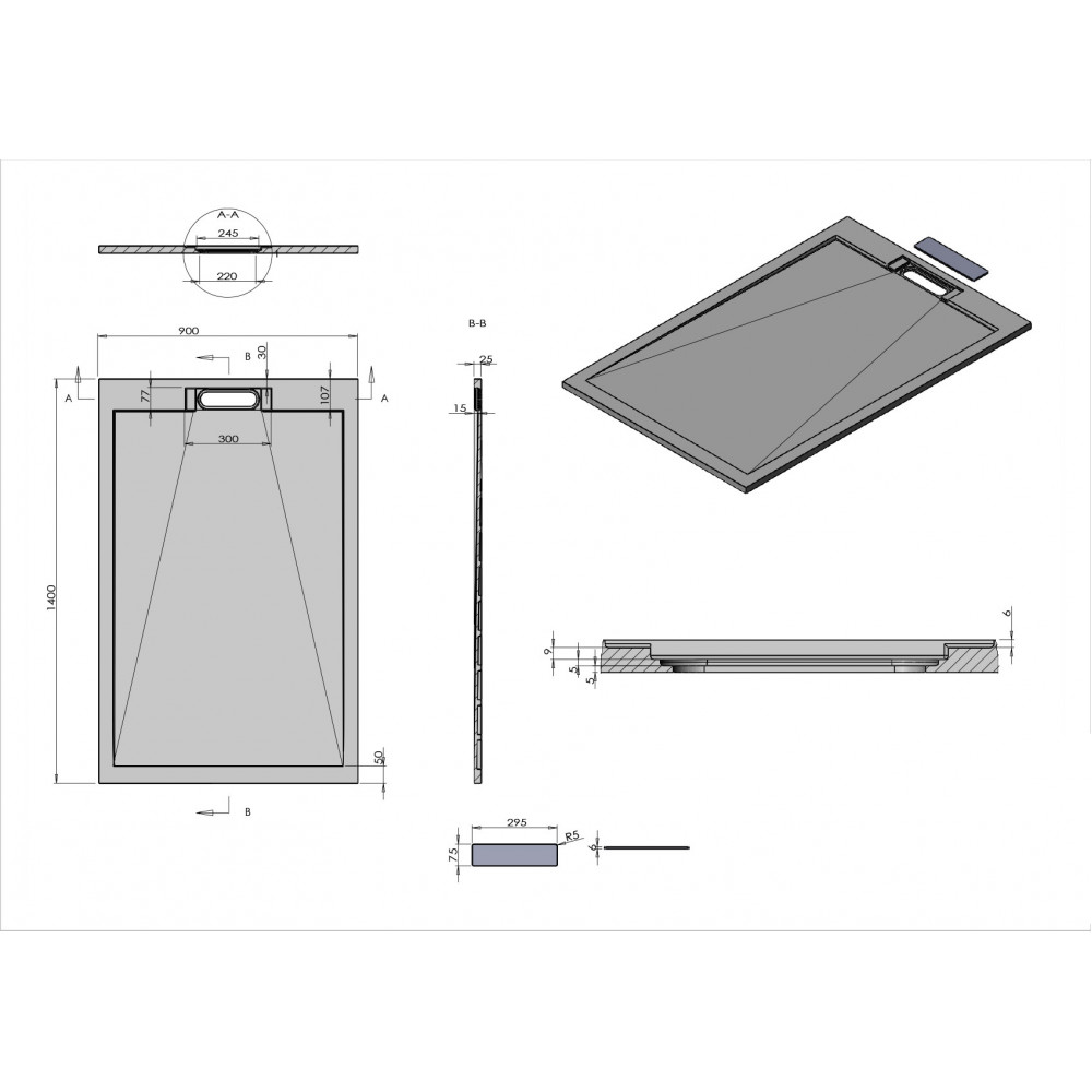 Поддон для душа из искусственного камня VST-4SRL9014W, 1400*900*25, белый матовый