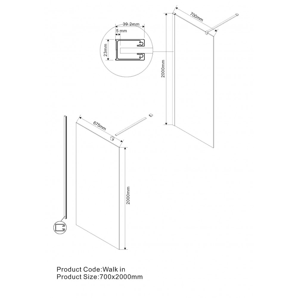 Душевая перегородка Walk-In VSW-1H700CL, 700*2000, хром, стекло прозрачное