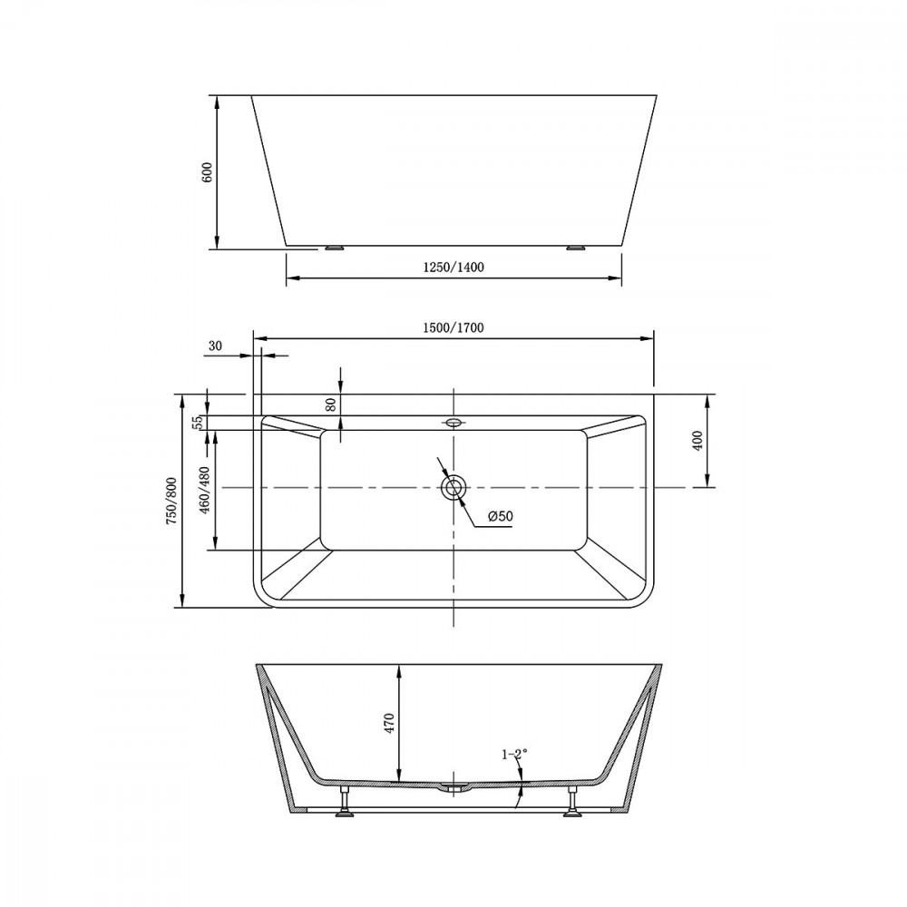 Ванна акриловая Vincea VBT-425-1700 1700*800*600, цвет белый, щелевой перелив