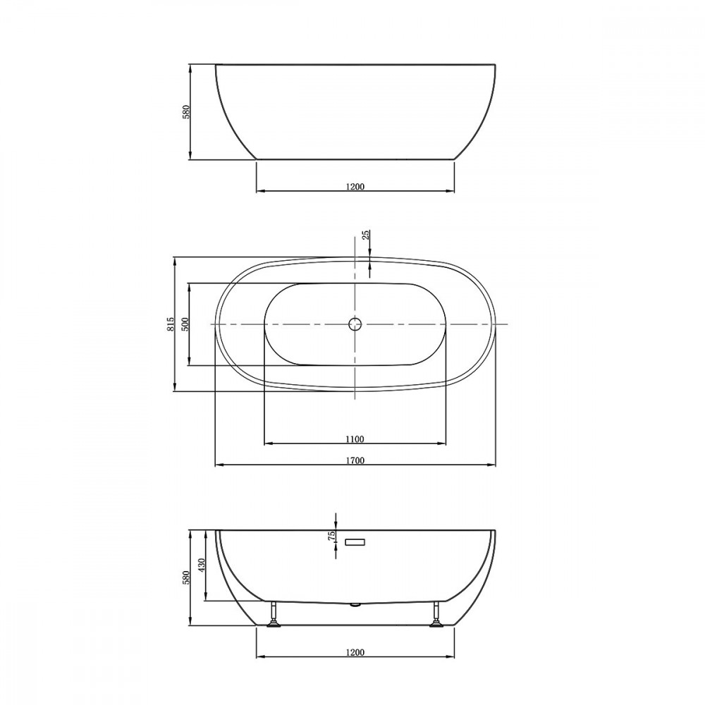 Ванна акриловая Vincea VBT-408-1700 1700*815*580, цвет белый, щелевой перелив