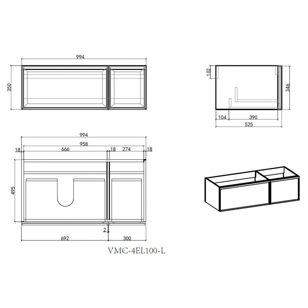 База под раковину Elise 1000 подвесная, левая, 2 выкатных ящика soft close, серый матовый