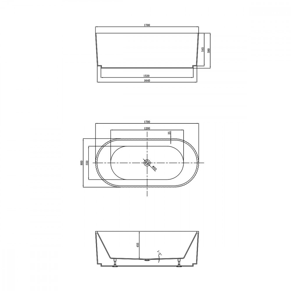 Ванна акриловая Vincea VBT-426-1700 1700*800*580, цвет белый, щелевой перелив