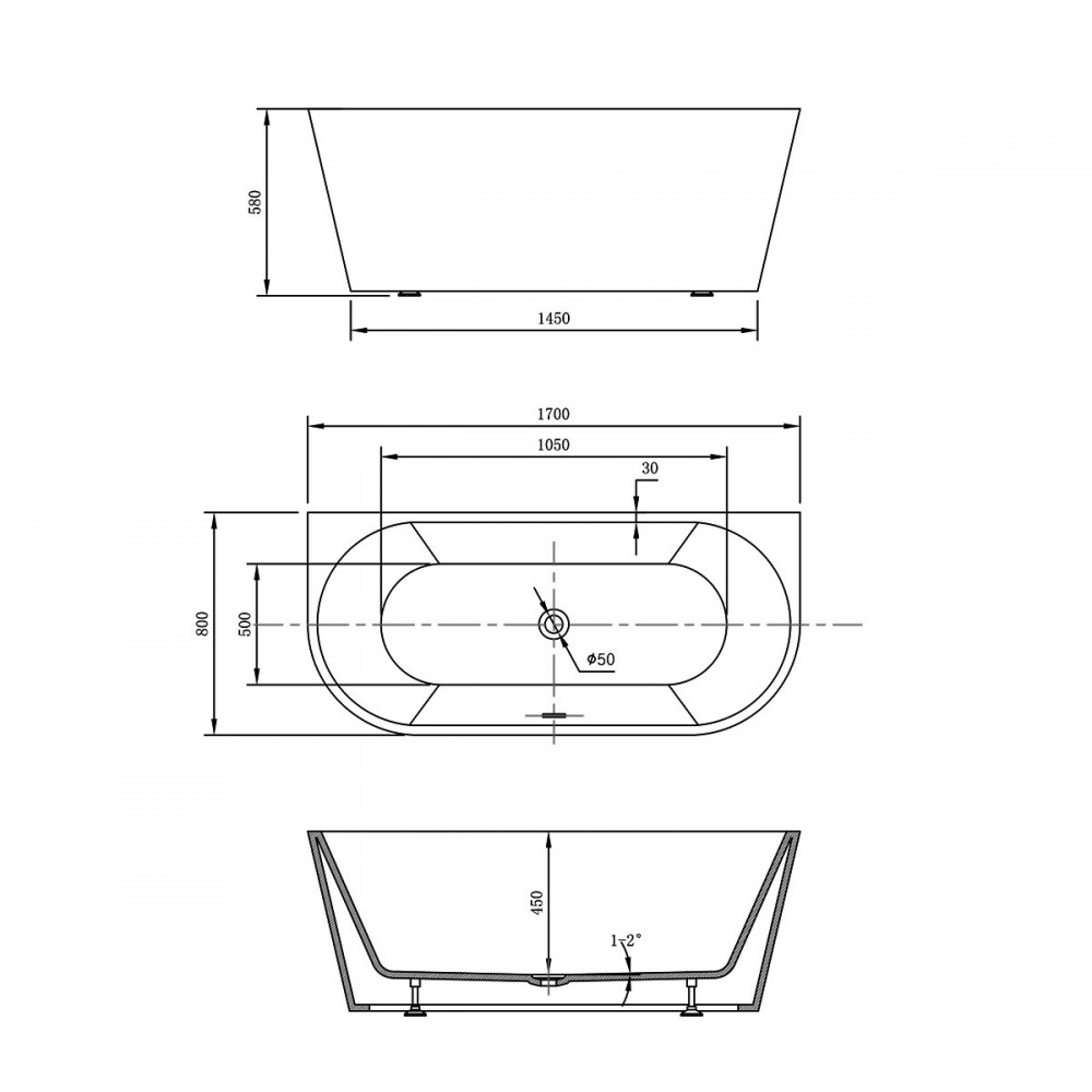 Ванна акриловая Vincea VBT-421-1700MW, 1700*800*580, цвет белый мат., щелевой перелив, слив белый