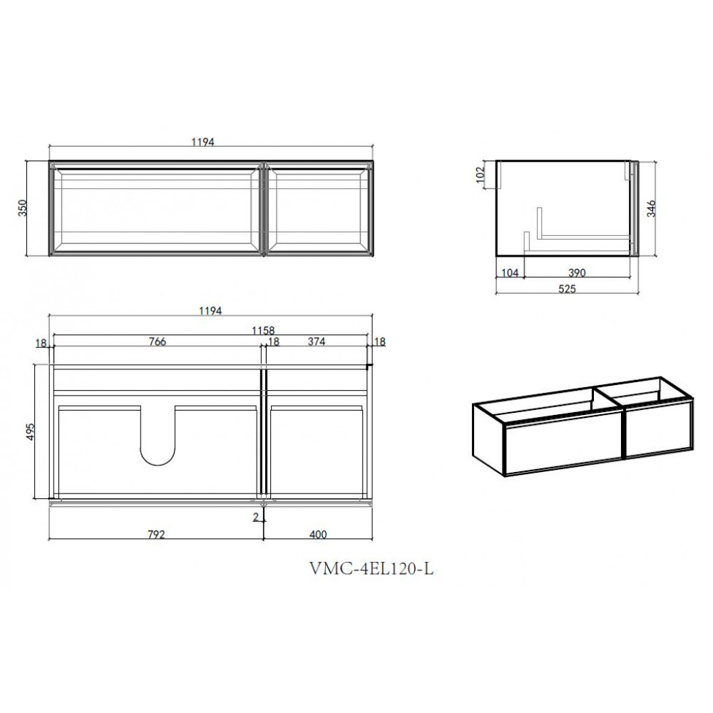 База под раковину Elise 1200 подвесная, 2 выкатных ящика soft close, серый матовый
