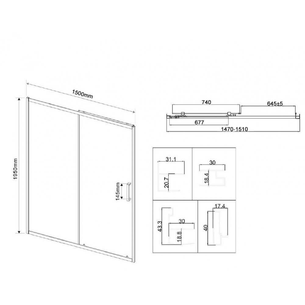 Душевая дверь City VDS-5CT150CLB, 1500, черный, стекло прозрачное