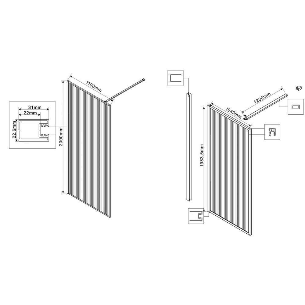 Душевая перегородка Волк-Ин (Walk-In) VSW-1HP110FLGM, 1100*2000, вороненая сталь, стекло рифленое