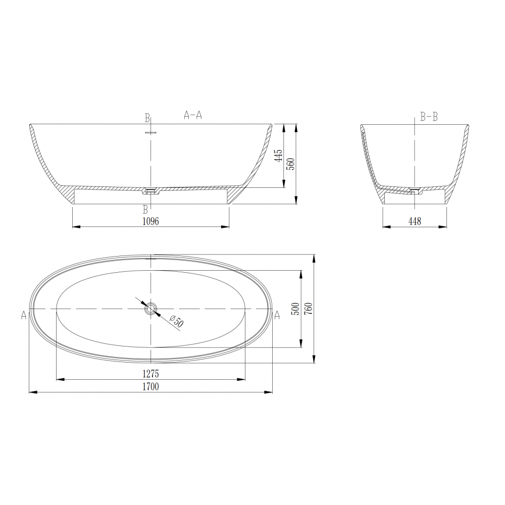 Ванна из искусственного камня Vincea VBT-4S01MW, 1700*760*560, белый мат., слив-перелив в комплекте