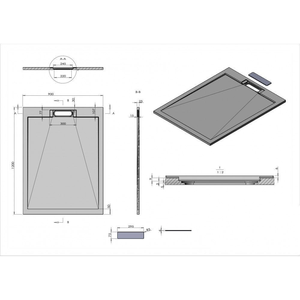 Поддон для душа из искусственного камня VST-4SRL9012A, 900*1200*25, антрацит