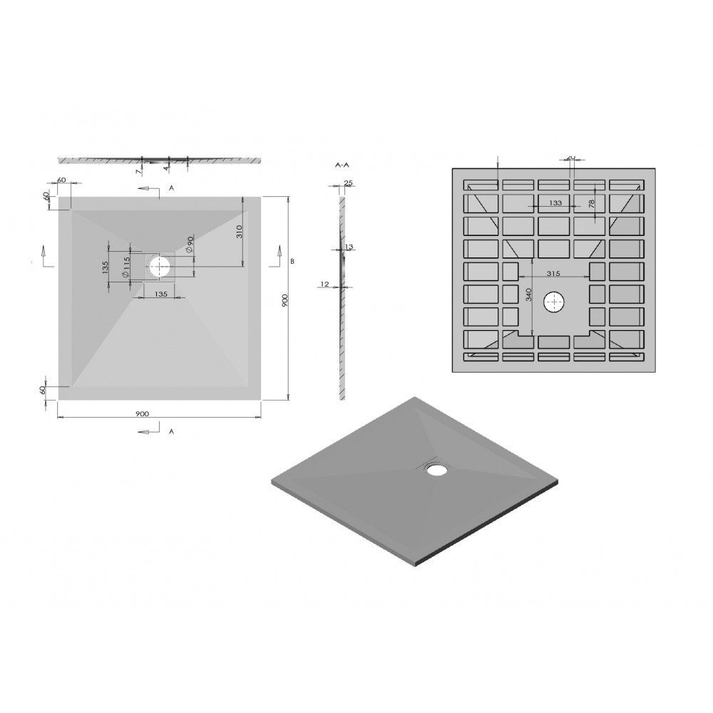 Поддон для душа из искусственного камня VST-4SR9090A, 900*900*25, антрацит
