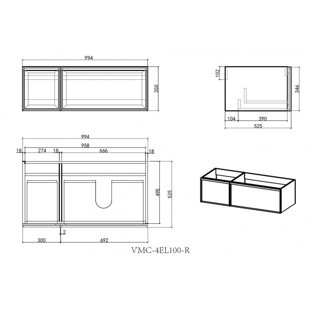 База под раковину Elise 1000 подвесная, правая, 2 выкатных ящика soft close, серый матовый