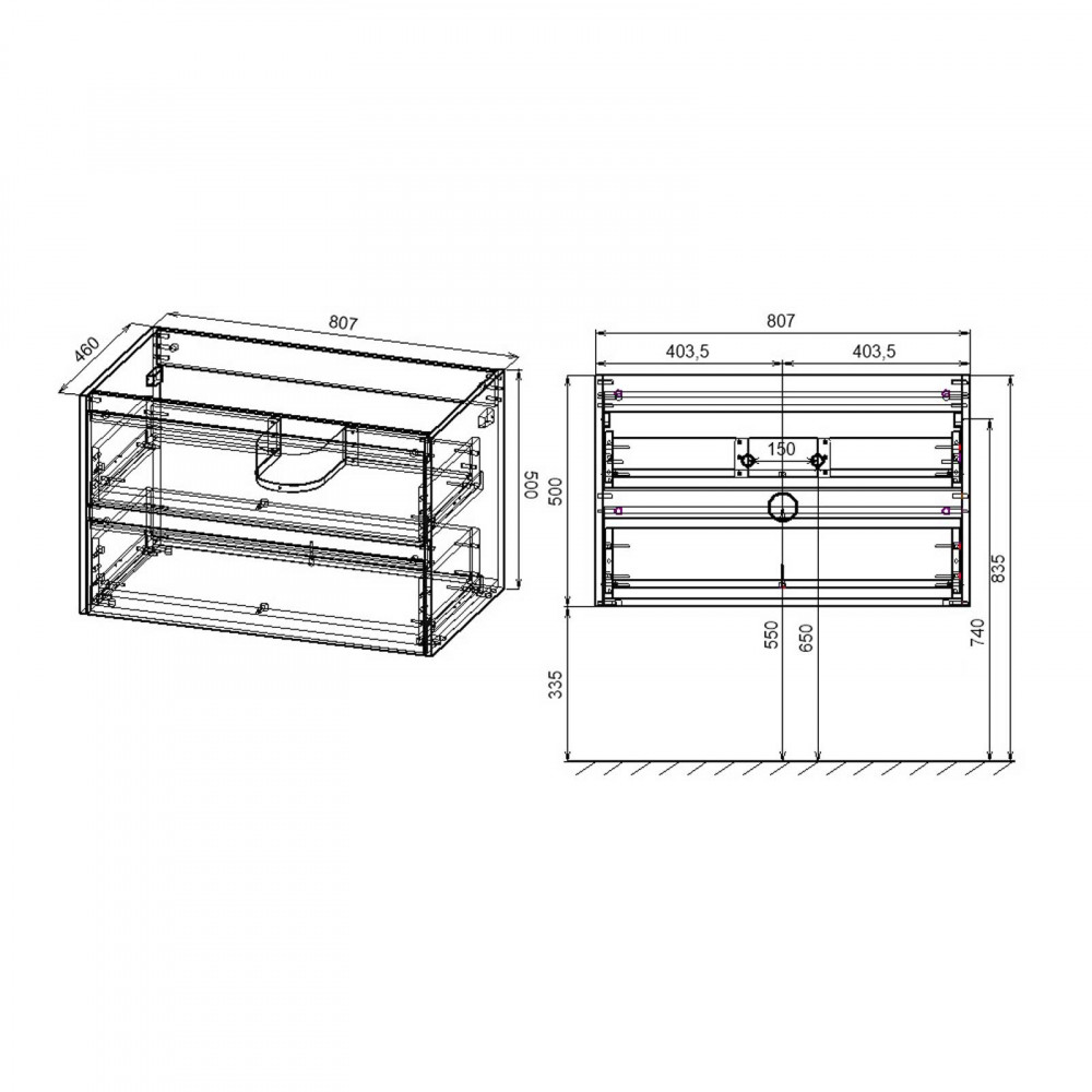 База под раковину Gio 800 подвесная, 2 выкатных ящика soft-close, T.Oak