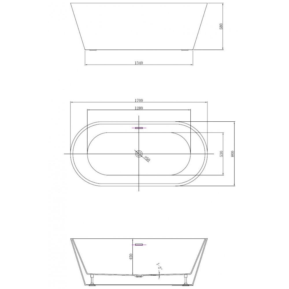 Ванна акриловая Vincea VBT-4291-1700, 1700*800*580, цвет белый, щелевой перелив