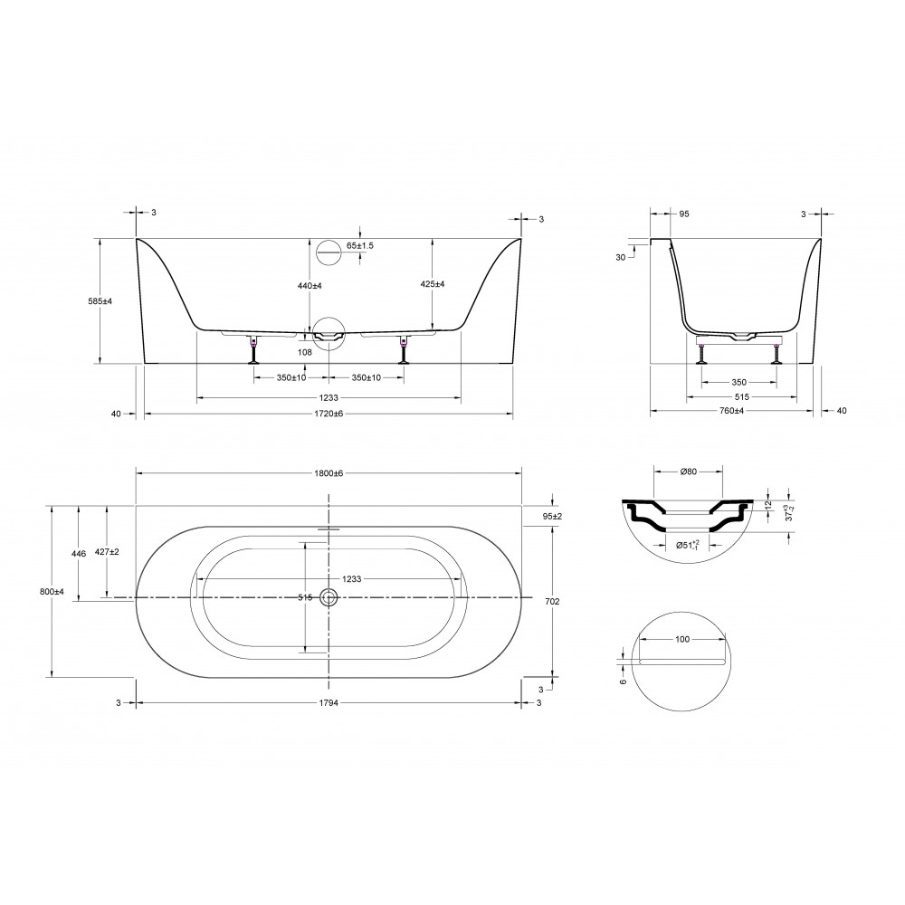Ванна акриловая Vincea VBT-703-1800, 1800*800*585, цвет белый, щелевой перелив, слив белый