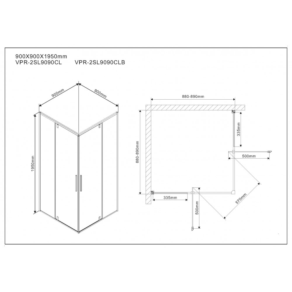 Душевой уголок Slim VPR-2SL9090CL, 900*900, хром, стекло прозрачное