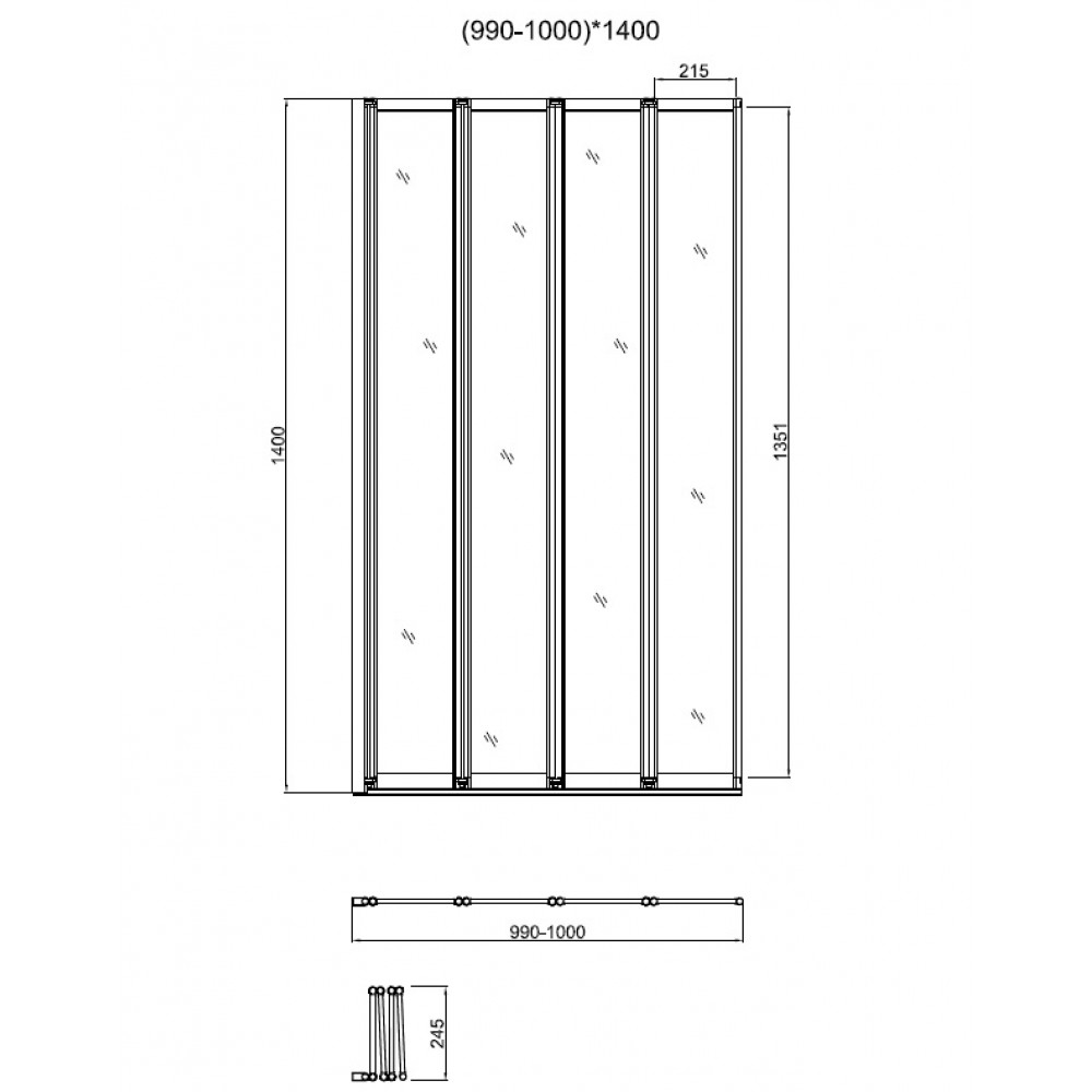 Душевая шторка на ванну VSB-31100CL, 1000*1400, хром, стекло прозрачное