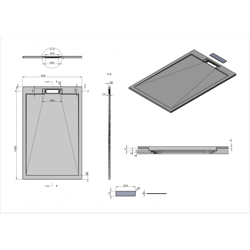 Поддон для душа из искусственного камня VST-4SRL9016W, 1600*900*25, белый матовый