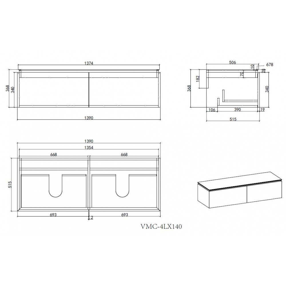 База под раковину Luxe 1400 подвесная, 2 выкатных ящика soft close, натуральный орех