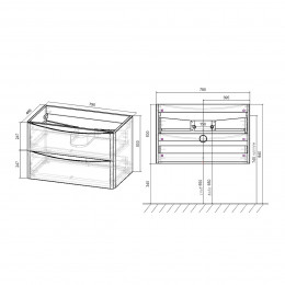 База под раковину Paola 800 подвесная, 2 выкатных ящика soft close, G.White
