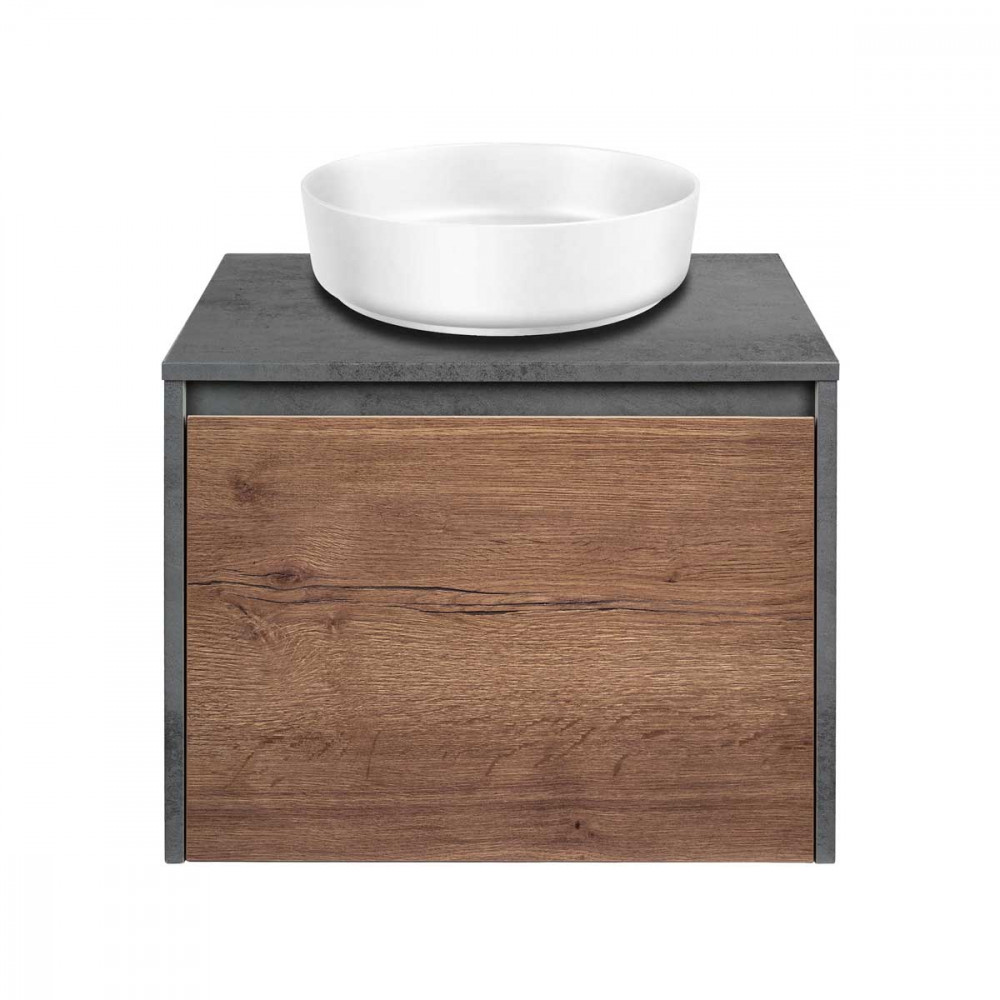 База под накладную раковину Mesa 600 подвесная, 1 выкатной/1 скрытый ящик soft close, T.Oak + Beton