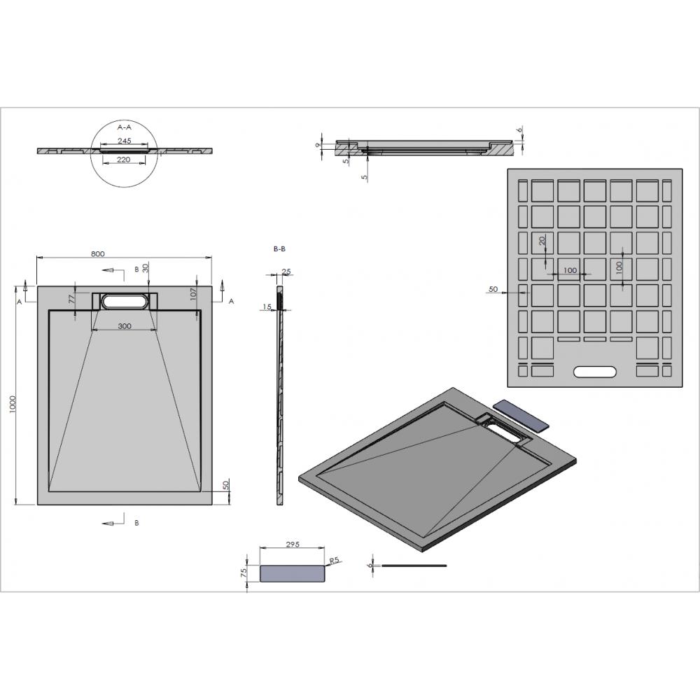 Поддон для душа из искусственного камня VST-4SRL8010A,1000*800*25, антрацит