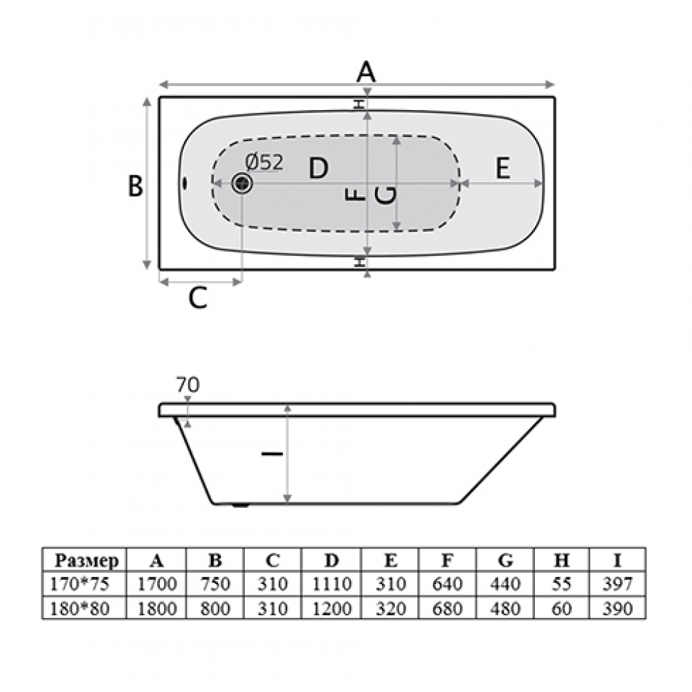 Ванна акриловая Vincea VBT-2S170-LG с ножками 1700*750*440, пристенная, цвет белый