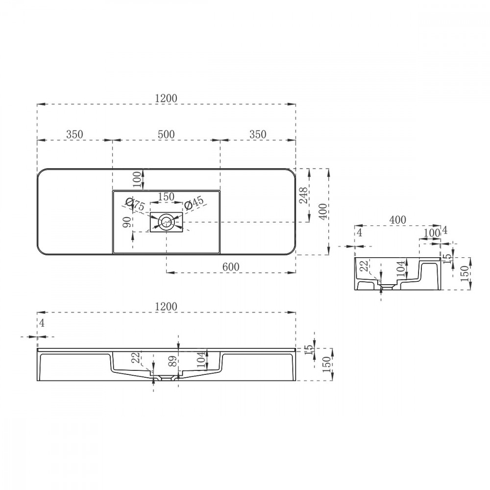 Раковина из искусственного камня Vincea VWB-6S312MW, 1200*400*150, подвесная, цвет белый матовый