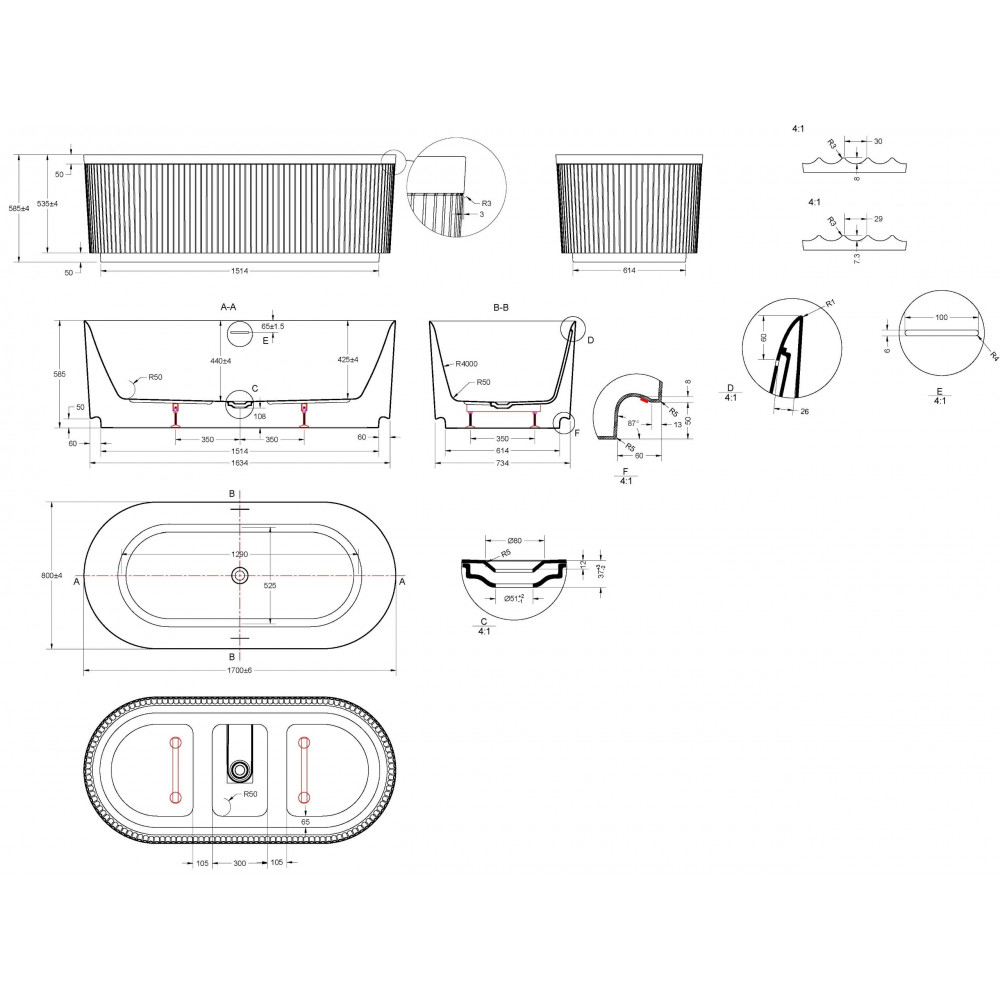 Ванна акриловая Vincea VBT-709-1700, 1700*800*585, цвет белый, щелевой перелив, слив белый