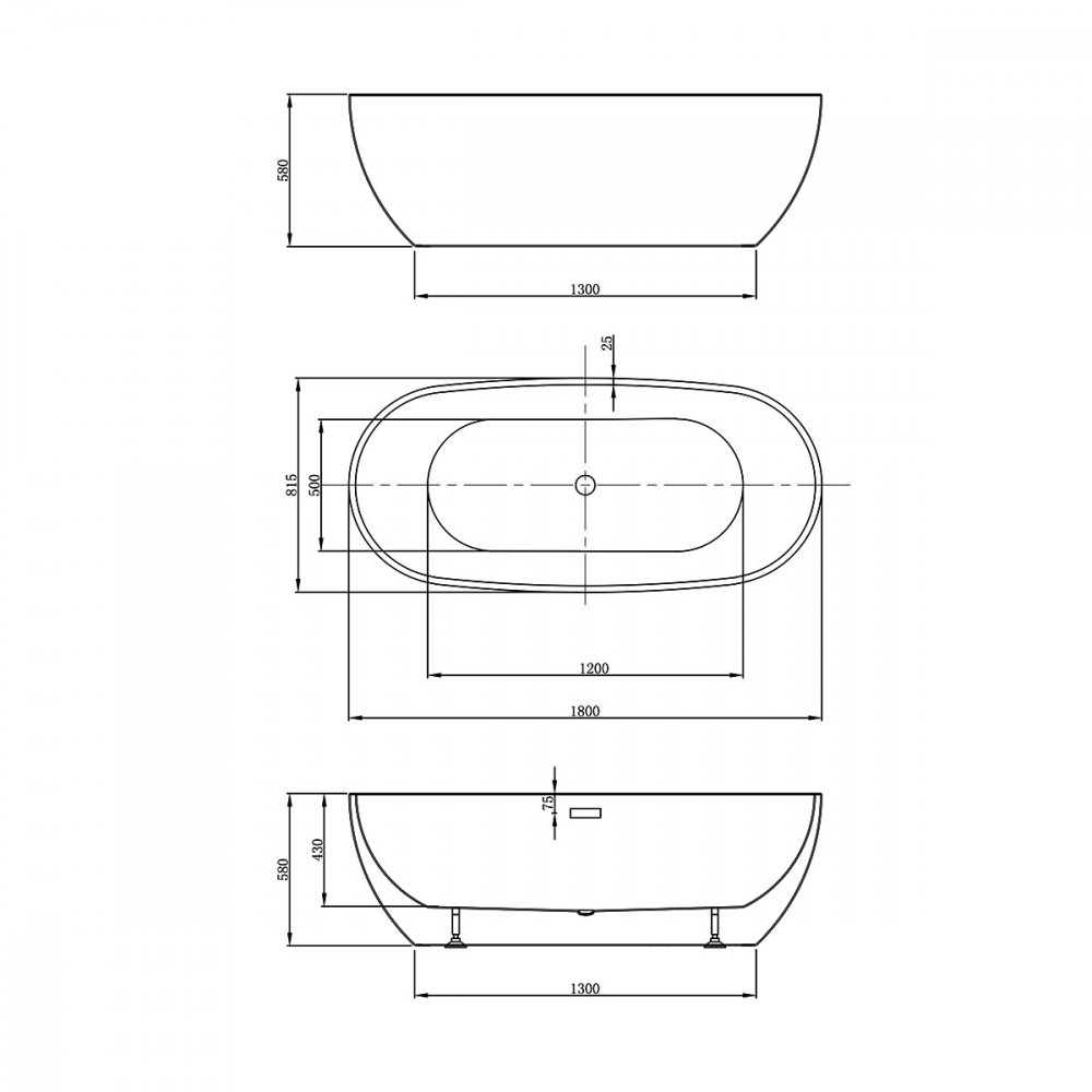 Ванна акриловая Vincea VBT-408-1800, 1800*815*580, цвет белый, щелевой перелив