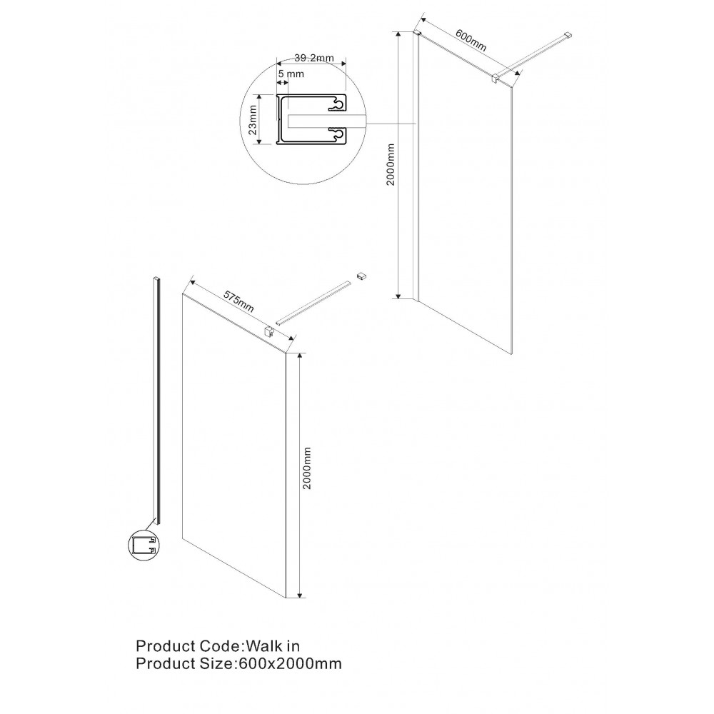 Душевая перегородка Walk-In VSW-1H600CL, 600*2000, хром, стекло прозрачное