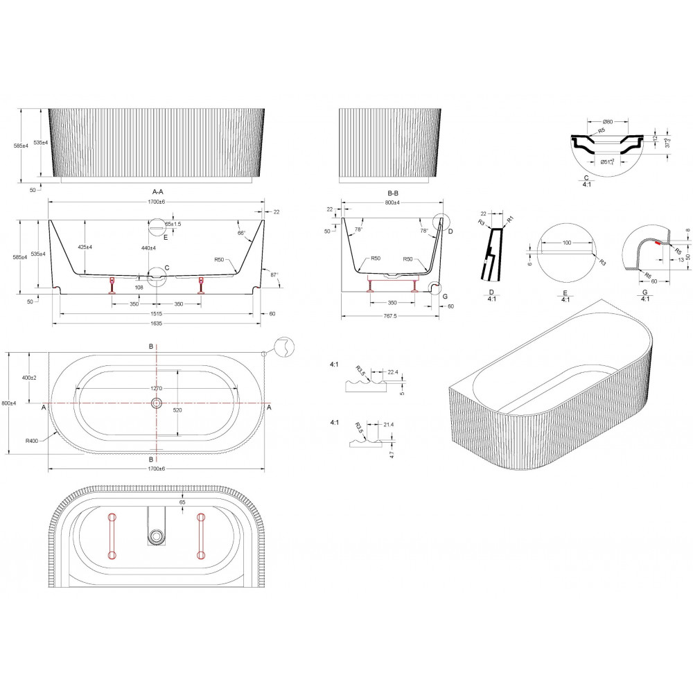 Ванна акриловая Vincea VBT-706-1700, 1700*800*585, цвет белый, щелевой перелив, слив белый