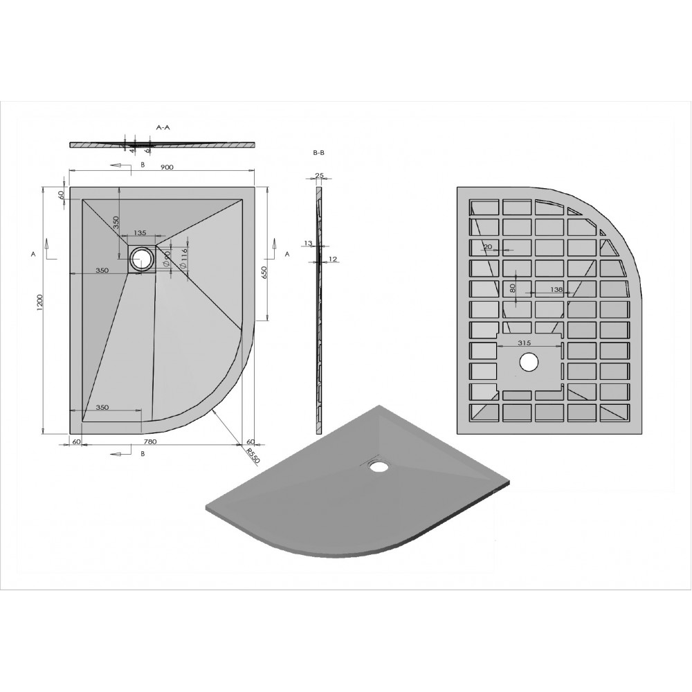 Поддон для душа из искусственного камня  VST-4SQ9012W-R, 1200*900*25, белый матовый, правый
