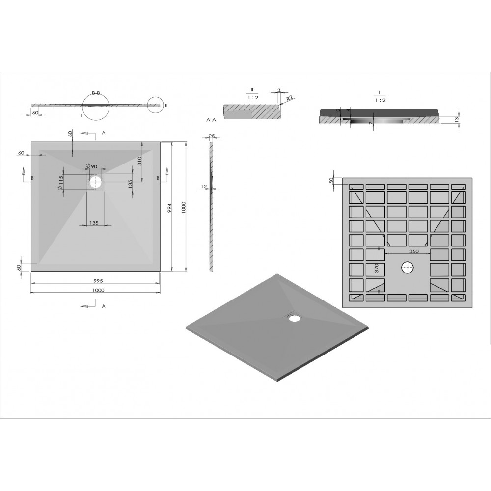 Поддон для душа из искусственного камня VST-4SR1010W, 1000*1000*25, белый матовый