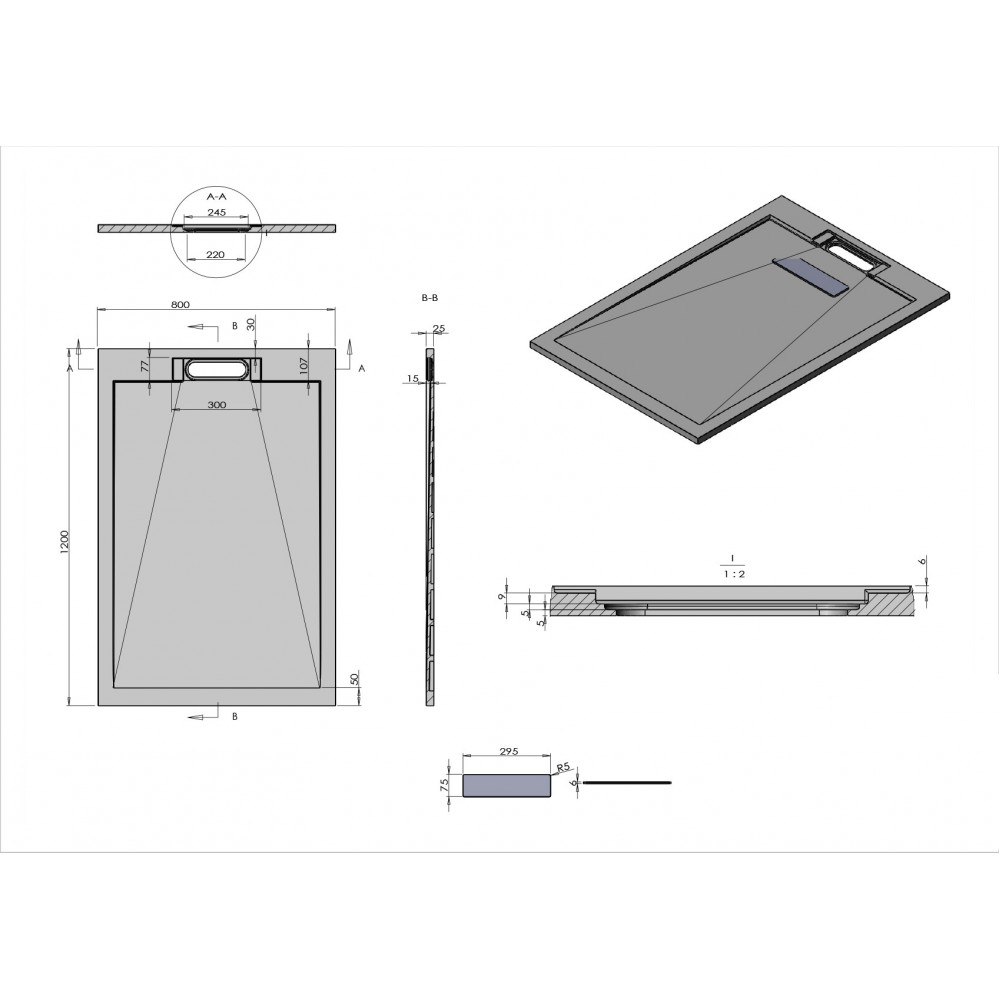 Поддон для душа из искусственного камня VST-4SRL8012G,1200*800*25, серый
