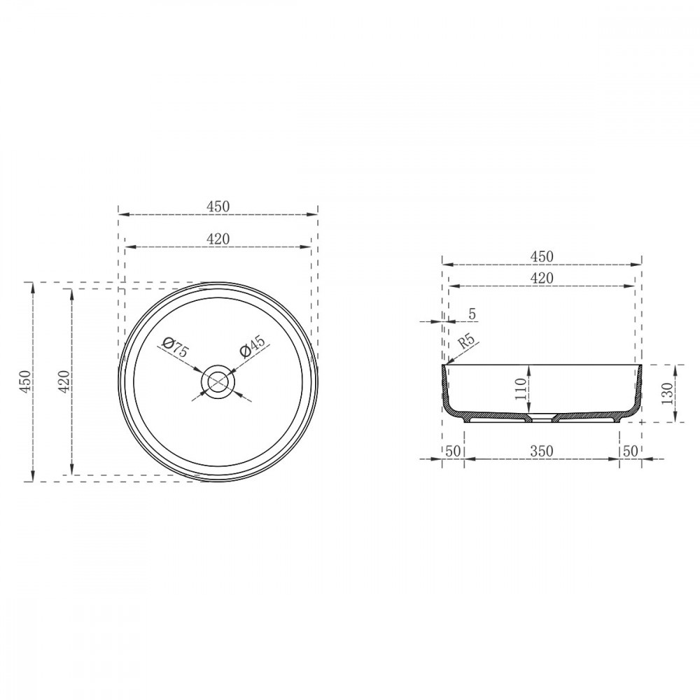 Раковина прозрачная Vincea VBS-6T16B, 450*450*130, накладная, цвет черный