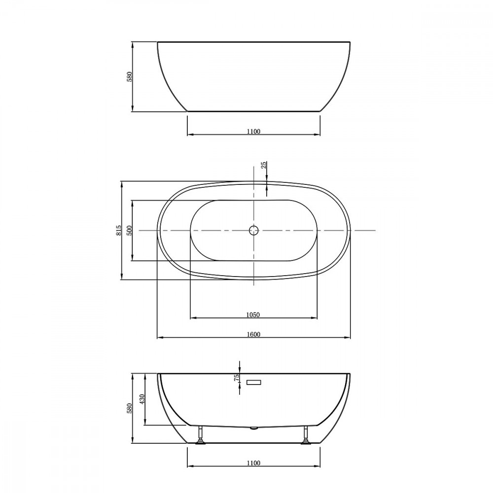 Ванна акриловая Vincea VBT-408-1600 1600*815*580, цвет белый, щелевой перелив