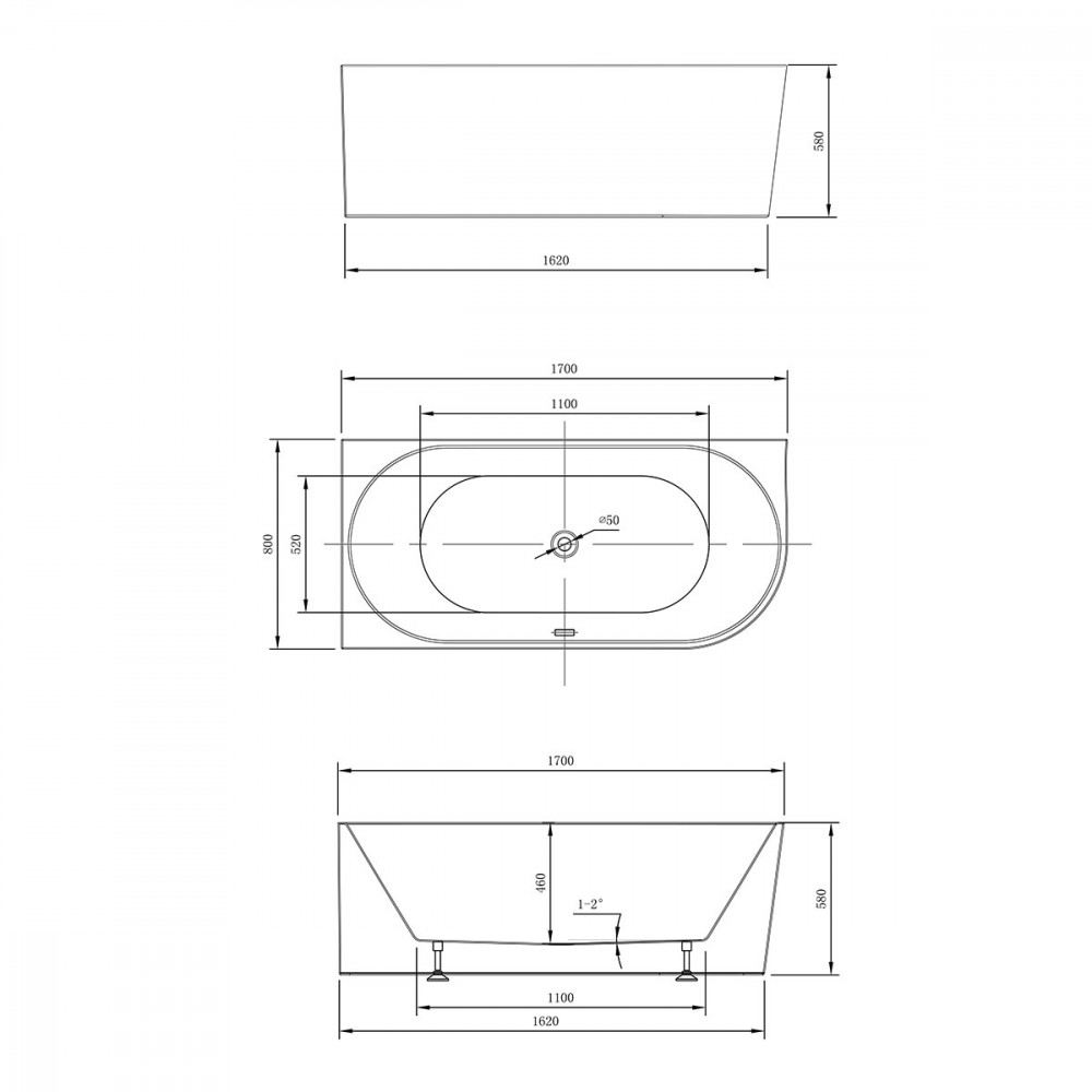 Ванна акриловая Vincea VBT-402-1700L, 1700*800*580, цвет белый, левая, слив-перелив в комплекте