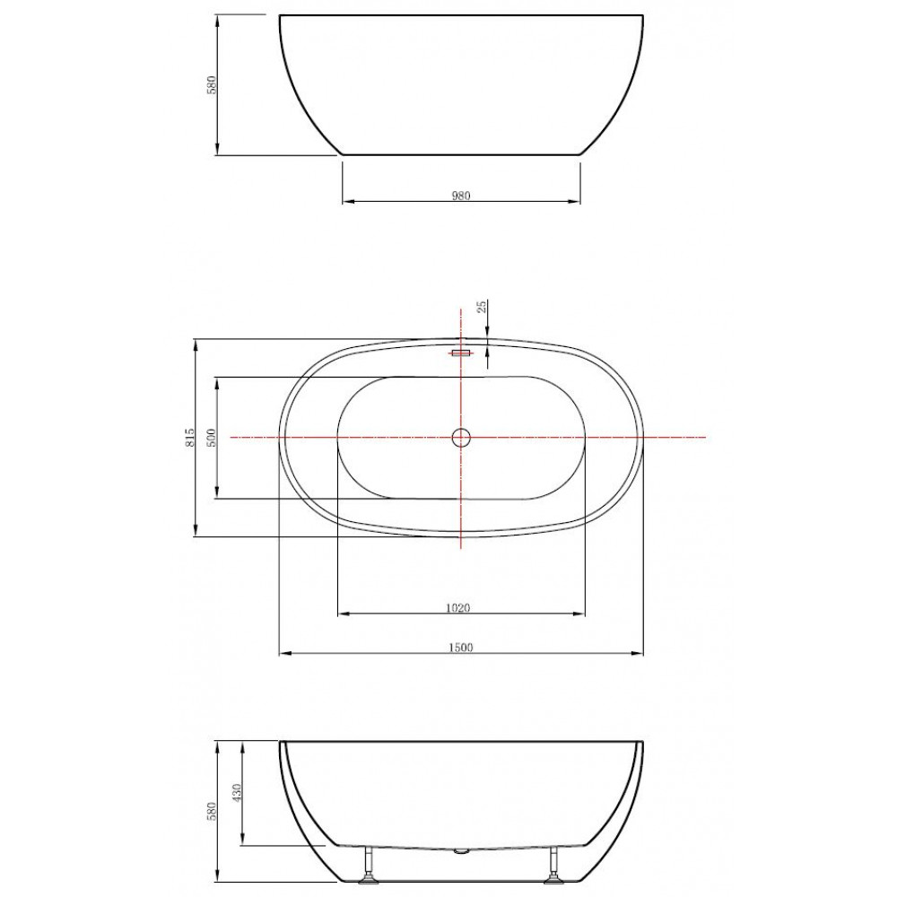 Ванна акриловая Vincea VBT-408-1500, 1500*815*580, цвет белый, щелевой перелив