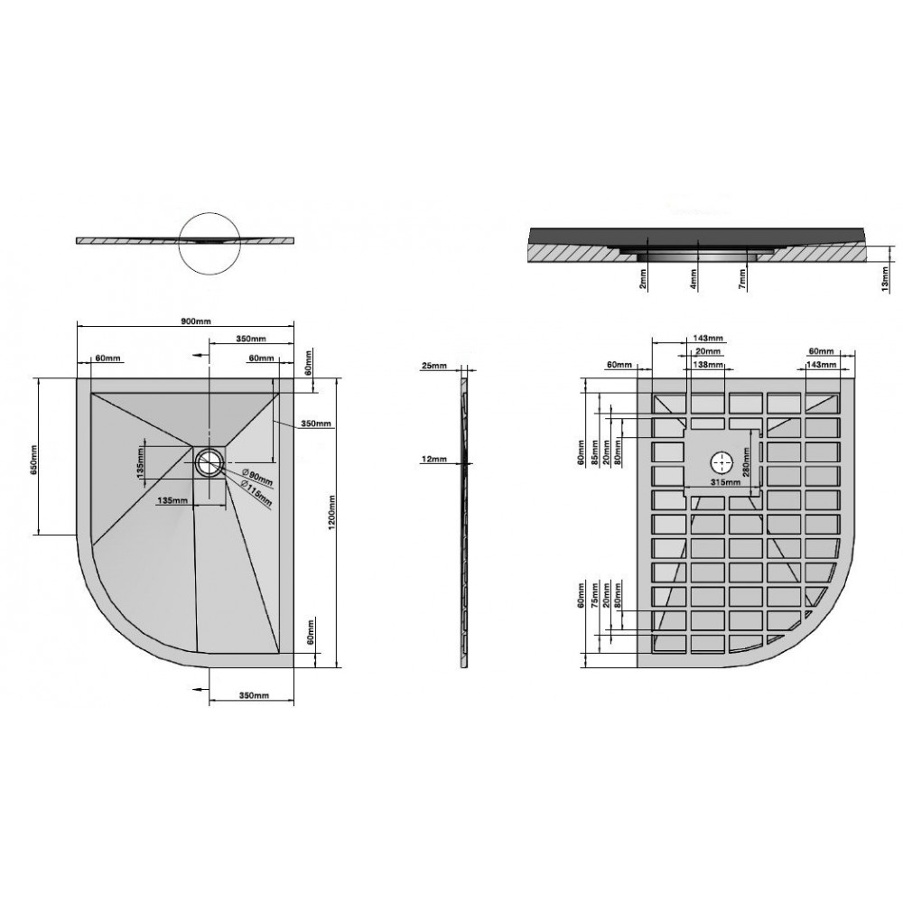 Поддон для душа из искусственного камня  VST-4SQ9012W-L,1200*900*25, белый матовый, левый